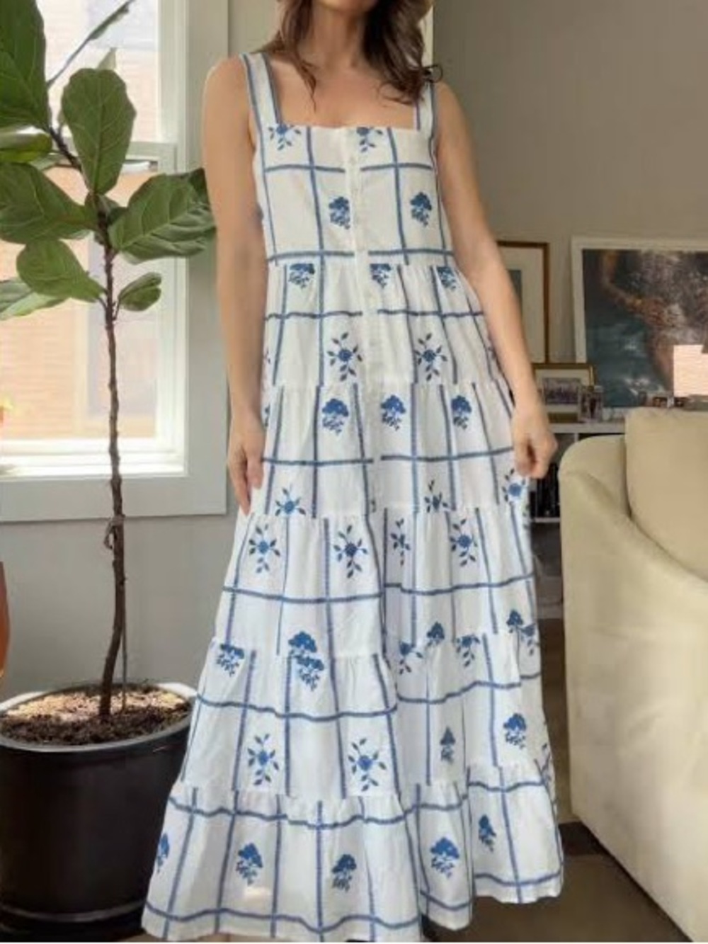 Sezane Rama Blue & White Embroidered Maxi Dress
